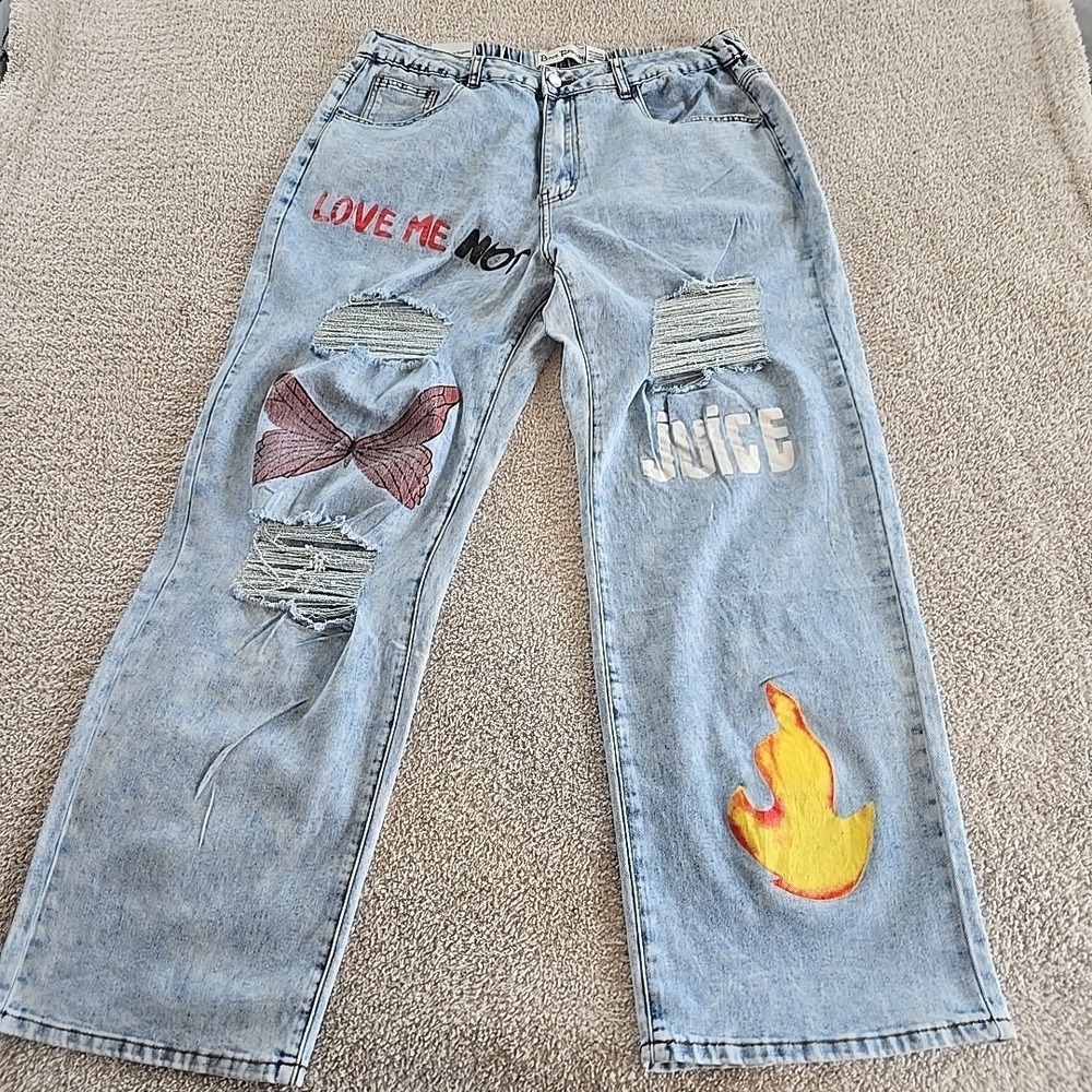 Blue Republic Distressed Jeans Women's Wide Leg‎ Graphic Design Streetwear 2XL